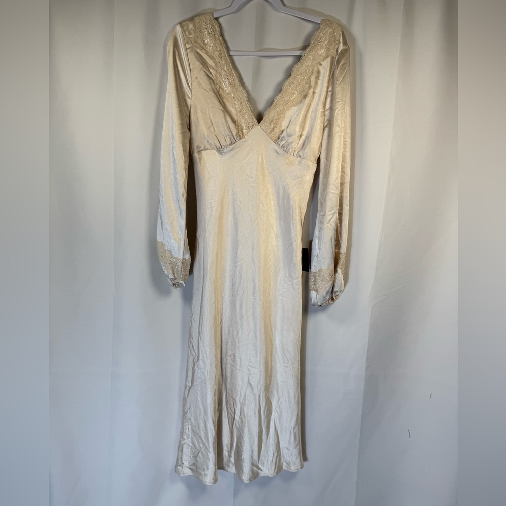 Lulus llustrious Elegance Champagne Satin Long Sleeve Midi Dress M
